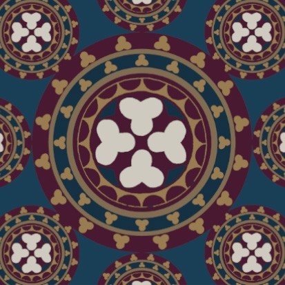 A geometric pattern of circles within circles coloured in burgundy, blue, and gold; four white trefoils occupy the centre of each group of circles.