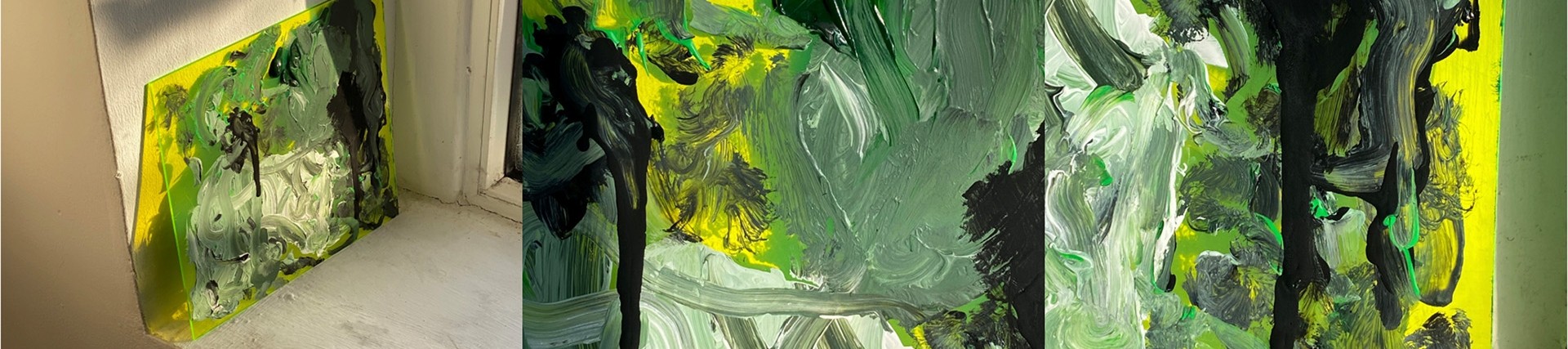 Three views of an abstract painting consisting of different shades of green on a yellow background. 