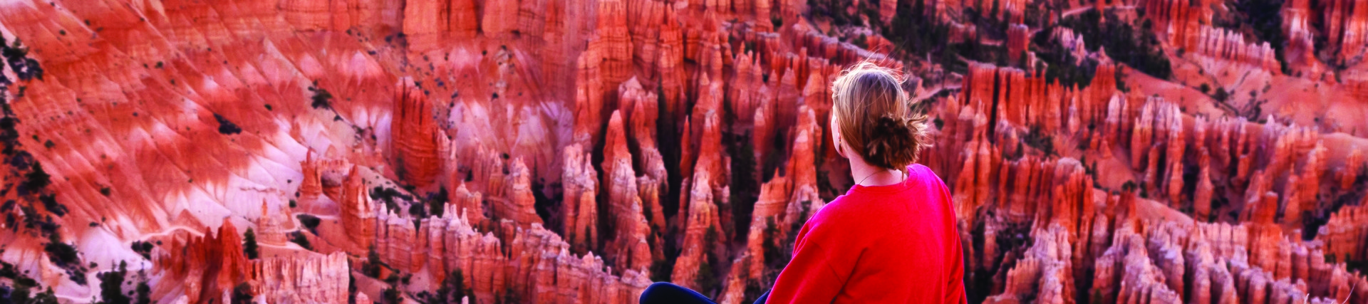 Image of woman looking at red rocks in national park