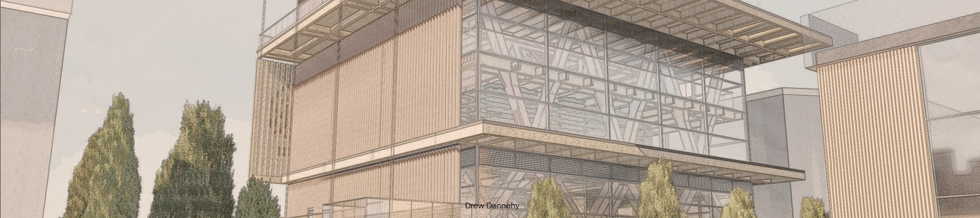 A glass and timber building lifted roughly ten feet above the ground by diagonal supports; a long flight of stairs leads up to the main entrance; image credit Drew Dennehy.