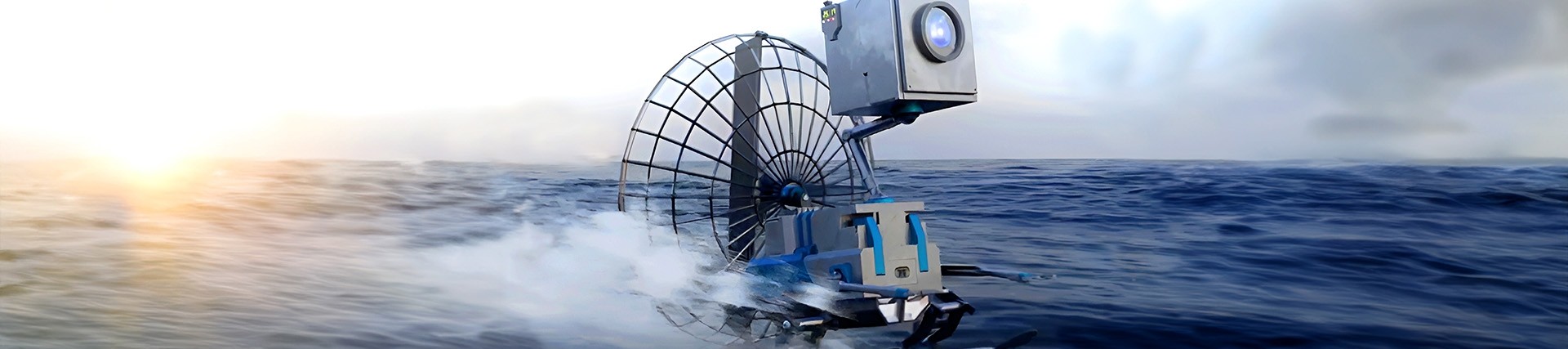 Digital art: a robot similar to Wall-E on water skis with a propeller in a metal cage attached at the back; water spraying up from the sea suggests its moving quickly. 