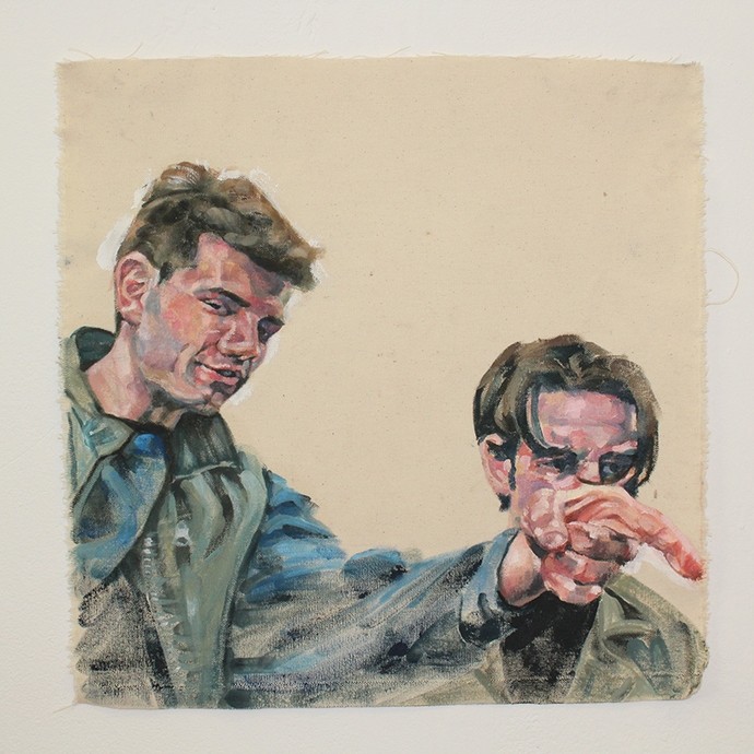 A painting showing two young men, both white with dark hair, one smiling slightly towards the viewer while he points towards something off the canvas. 