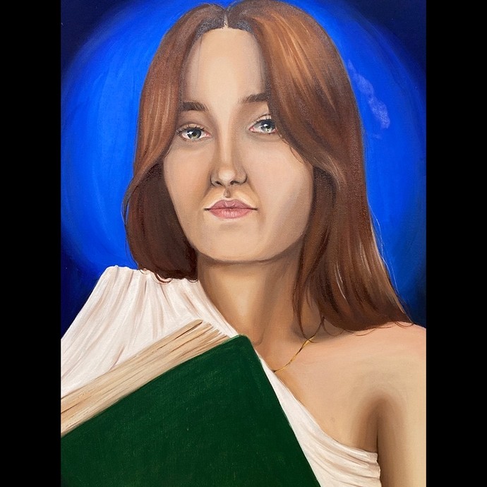 A painting of a young woman looking up from an open book. 