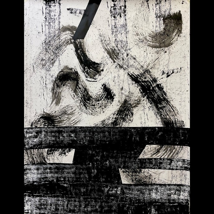 Abstract acrylic painting with black and grey brushstrokes on a cream canvas.