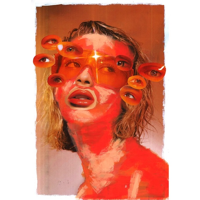 Mixed media image of a human face, the expression languid, the skin splashed with red, and four extra sets of eyes, each looking a different direction to those in the face. 