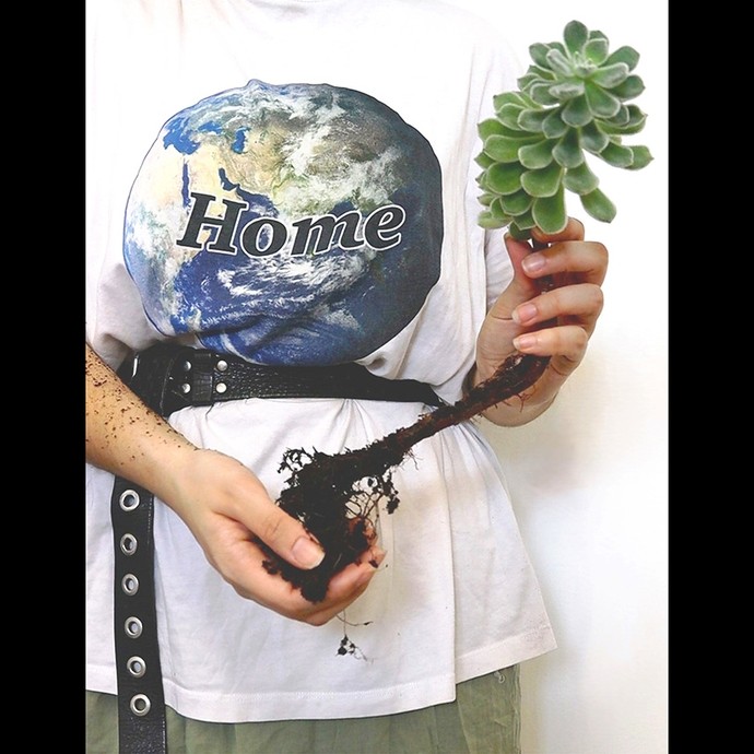 A photo showing hands holding a crassula plant, one around the stem and the other around the soil-covered roots; the plant holder is wearing a t-shirt with an image of the planet Earth underneath the word 'home'.