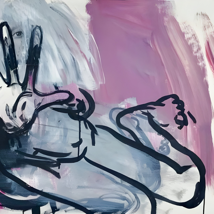 A pink and blue abstract image of a figure with a hand outstretched.